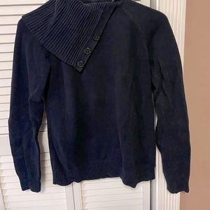 Navy Gap sweater with asymmetrical collar and buttons